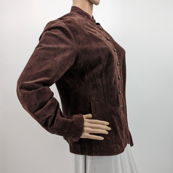 Vintage y2k Live a Little Suede Military Jacket Brown Button Front Leather L - Picture 9 of 13